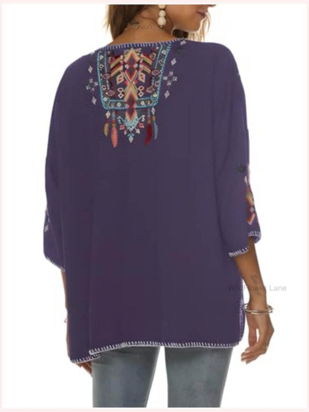 Mexican Embroidered Bohemian Tunic Top 3/4 Sleeve Rayon Plus Size - Picture 2 of 5